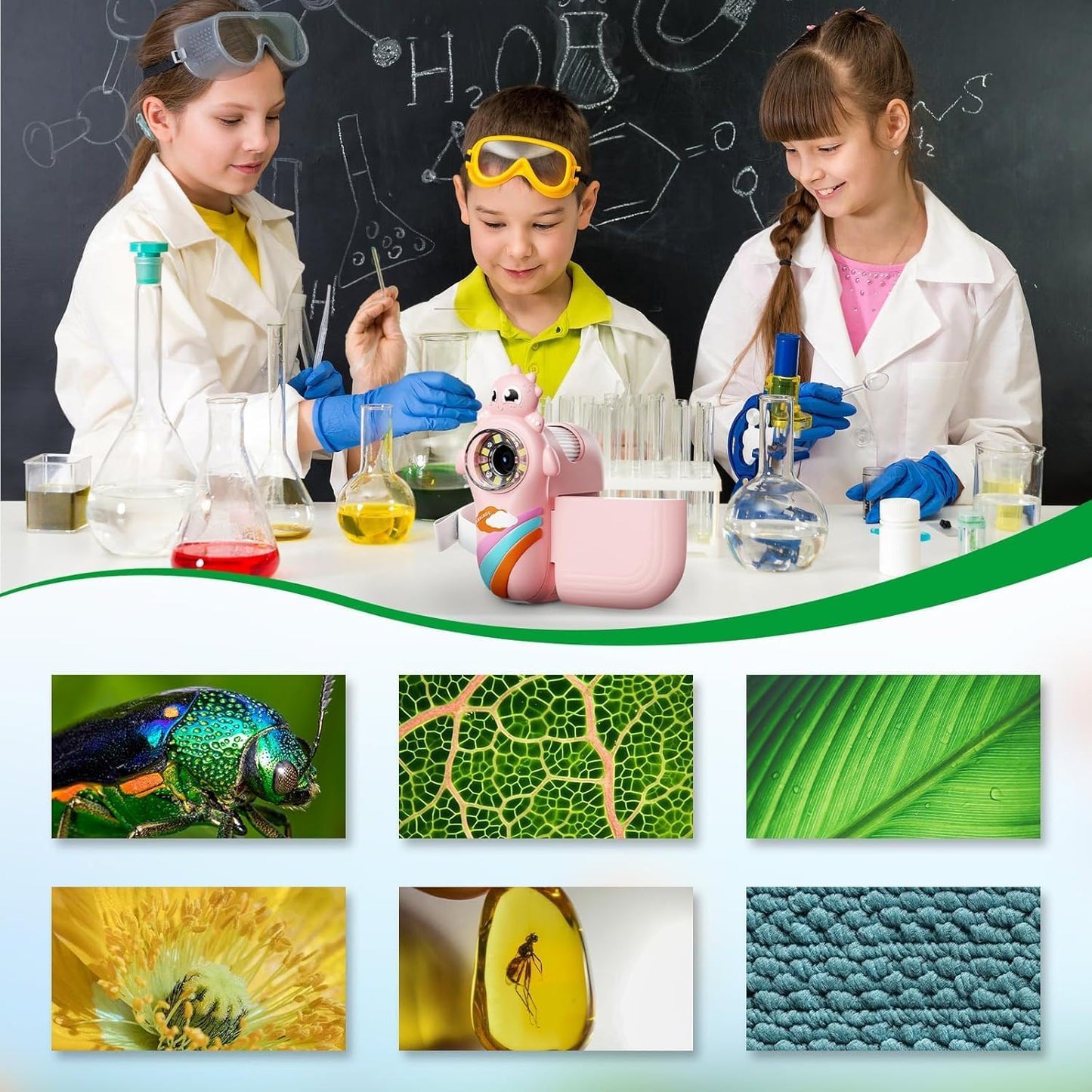Kids 1000X Handheld Portable Microscope With 8 Adjustable LED Lights, 2-Inch LCD Screen Pocket Mini Telescope for Kids Toddlers - Education Christmas Birthday Gifts Toys