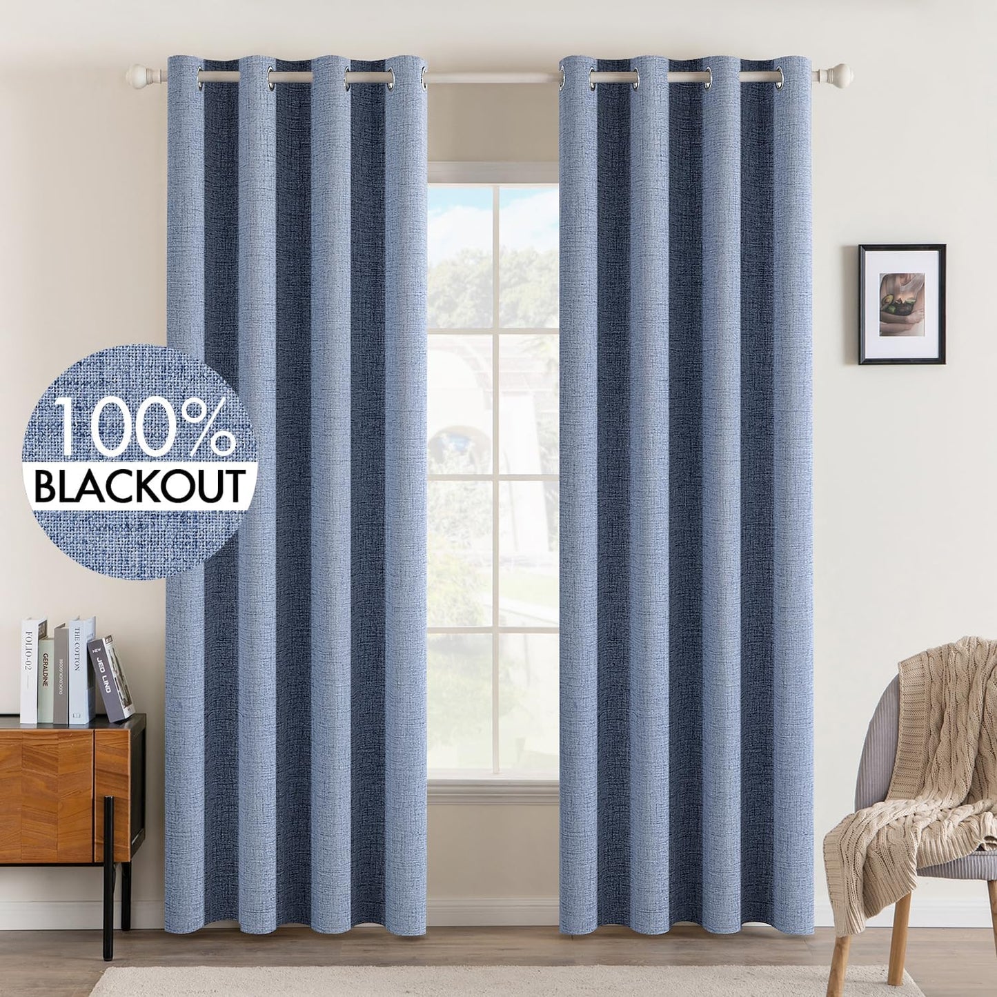 MIULEE Linen Texture Curtains for Bedroom Solid 100% Blackout Thermal Insulated Stone Blue Curtains Grommet Room Darkening Drapes Luxury Decor for Living Room Nursery 52x96 Inch (2 Panels)