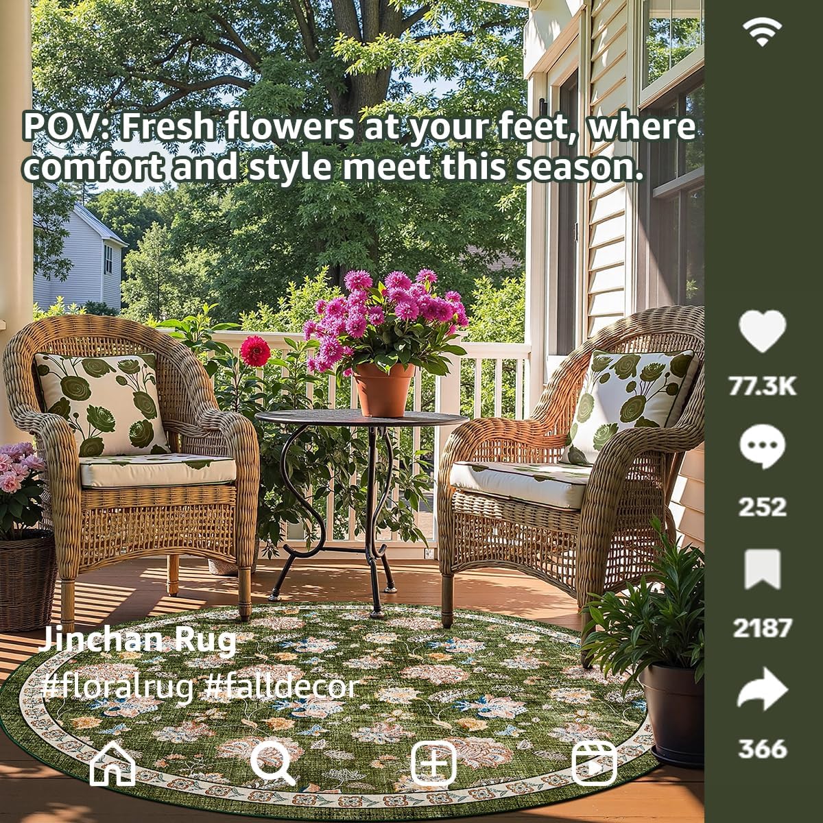 jinchan 8ft Floral Round Rug for Dining Room Washable Living Room Rug Vintage Romance Design Non Slip Indoor Floor Cover Lightweight Low-Profile Throw Carpet for Bedroom Porch Patio, Green