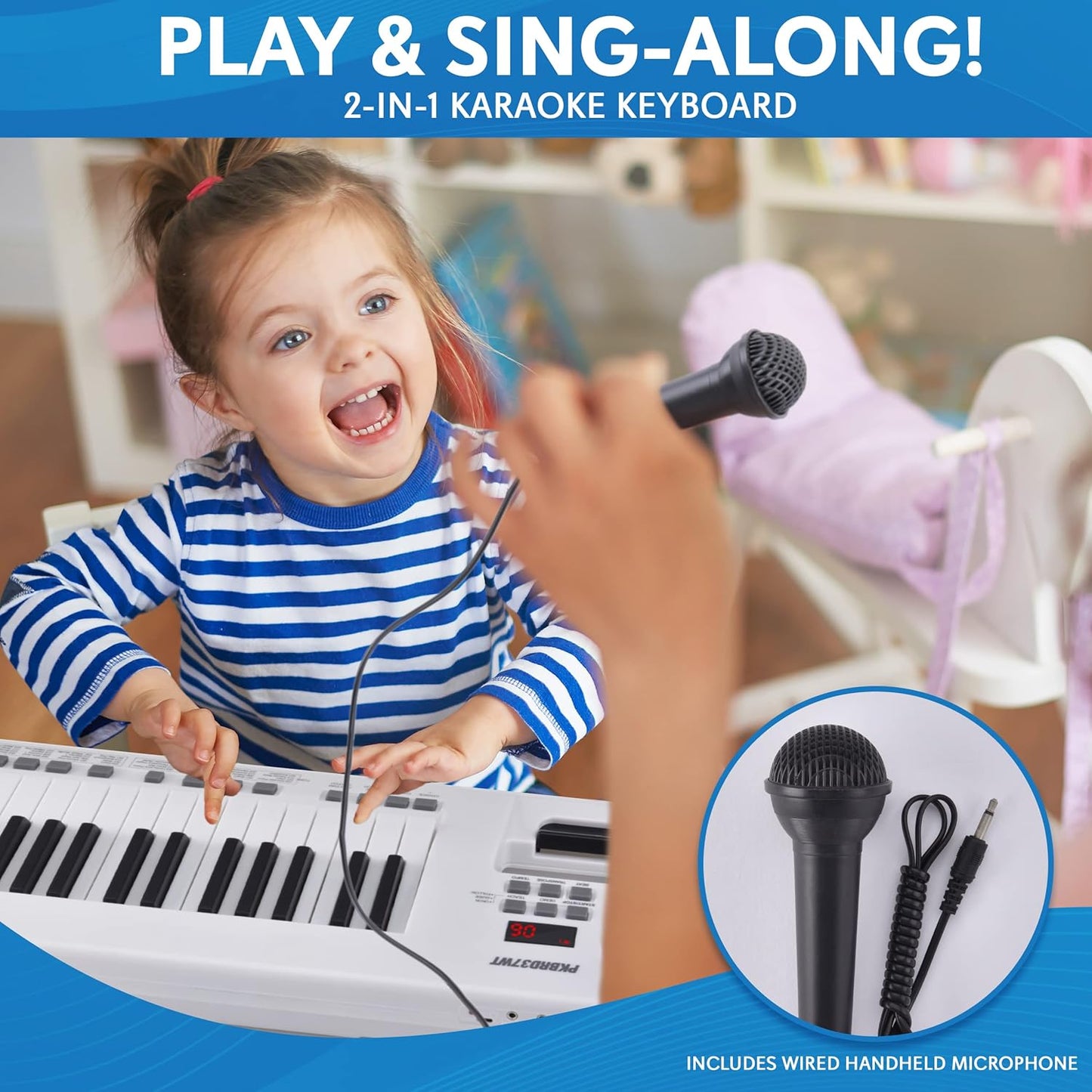 Pyle, Portable Digital Electronic Keyboard Piano 37 Keys with Microphone & Carry Strap, Built-in Sustain Controller, Rechargeable Battery-Karaoke Keyboard Compact Musical Keytar White