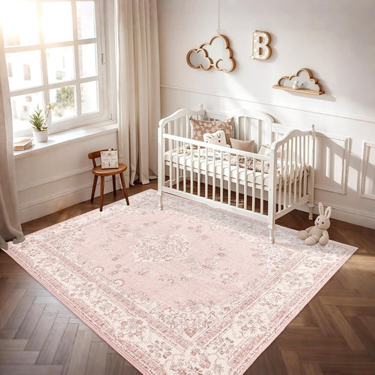 5x8 Area Rug Washable: Oriental Soft Area Rug for Living Room Bedroom No Shedding - Low Pile Thin Carpet Rug for Dining Room Non Slip - Boho Vintage Rug for Home Decor - Soft Pink