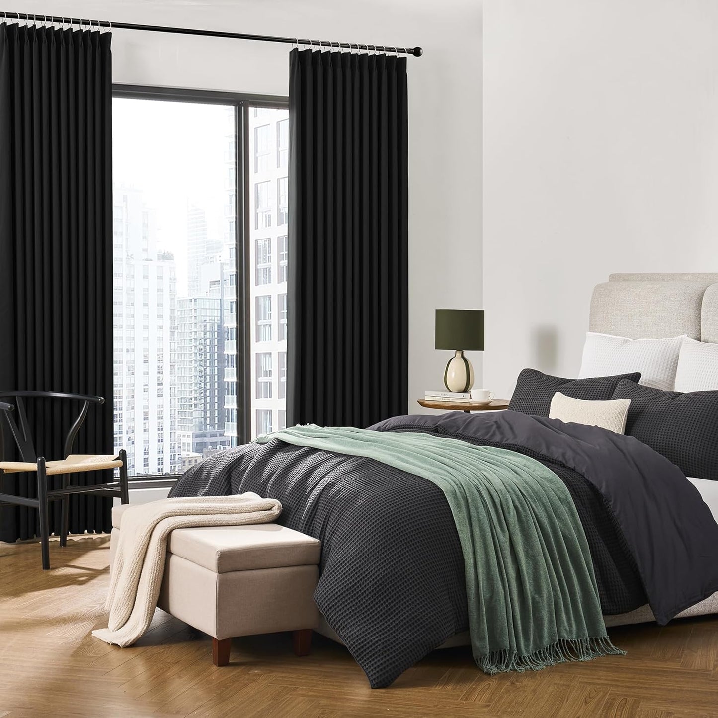 KEQIAOSUOCAI Black Curtains Blackout 104 Inches Long, Luxury Faux Silk Polyester Pinch Pleated Thermal Insulated Black Out Curtains with Hooks for Bedroom Living Room Home Office 40x104