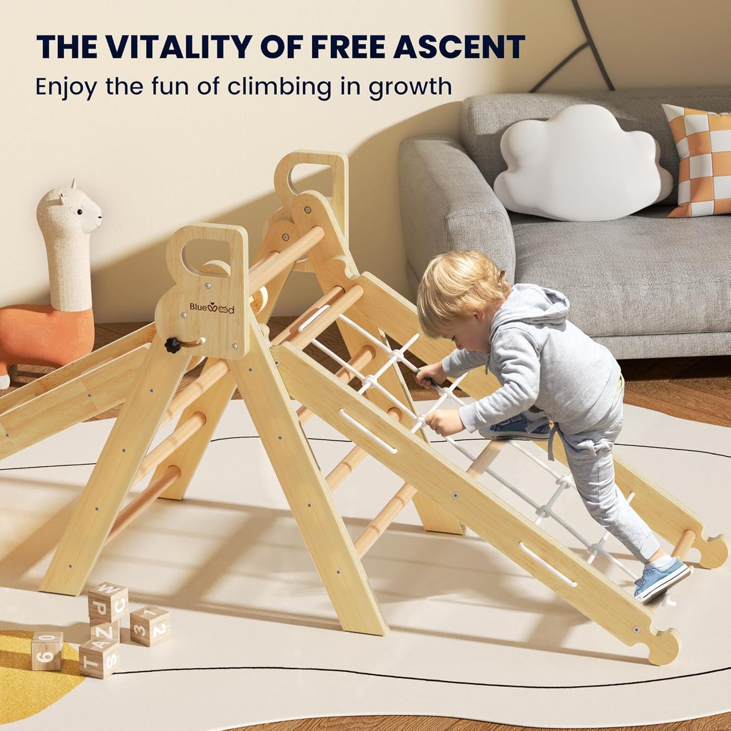 BlueWood 2025 8-in-1 Pikler Triangle Climbing Set Toddler Toys Indoor Baby Jungle Gym Climber Playground for Kids - Natural Wood