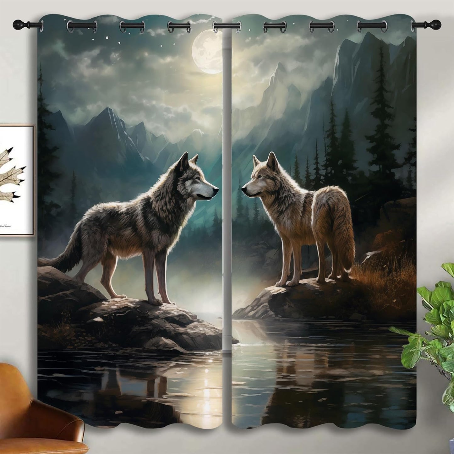 Wolf Blackout Curtains for Boys Girl Bedroom Decor,Moon Mountain Pine Forest Wild Animals Thermal Insulated Grommet Drapes Darkening Window Curtain for Living Room Home 63x63 inch