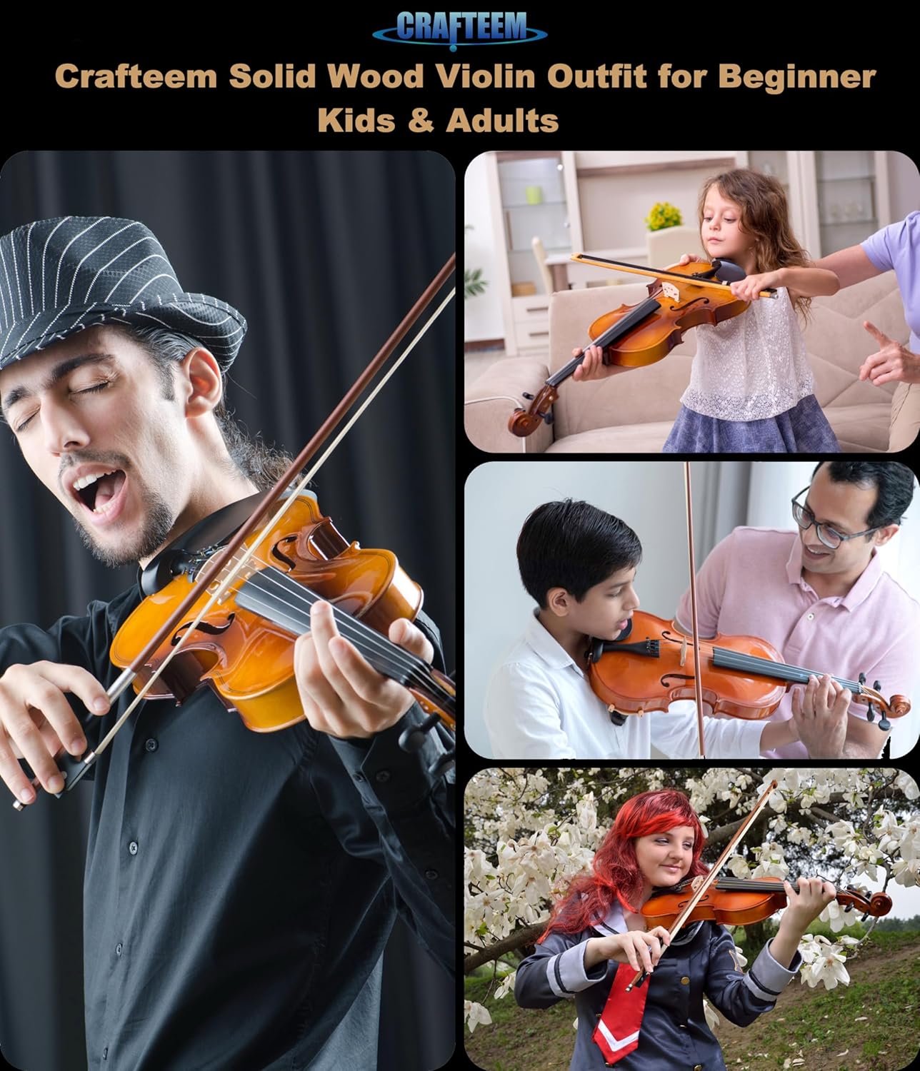 Spruce and Maple Solid Wood Violin Outfit for Beginner Kids & Adults -Craft Your Perfect Sound and Begin Your Musical Journey with Confidence. (Glossy Antique, 4/4 Full)