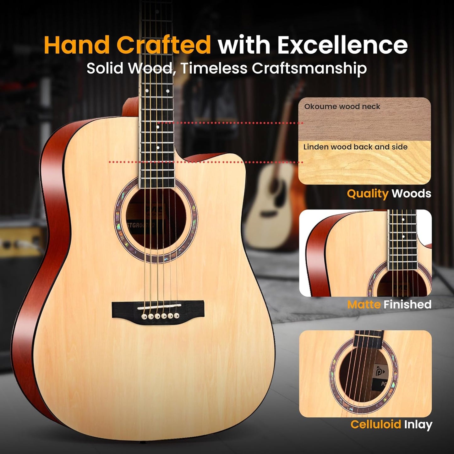Pyle 41" Acoustic Guitar Standard Full Size 6 String Dreadnought, Matte Finish with Gig Bag, Steel Strings, Picks, Strap, Capo - PGA480NT.X9