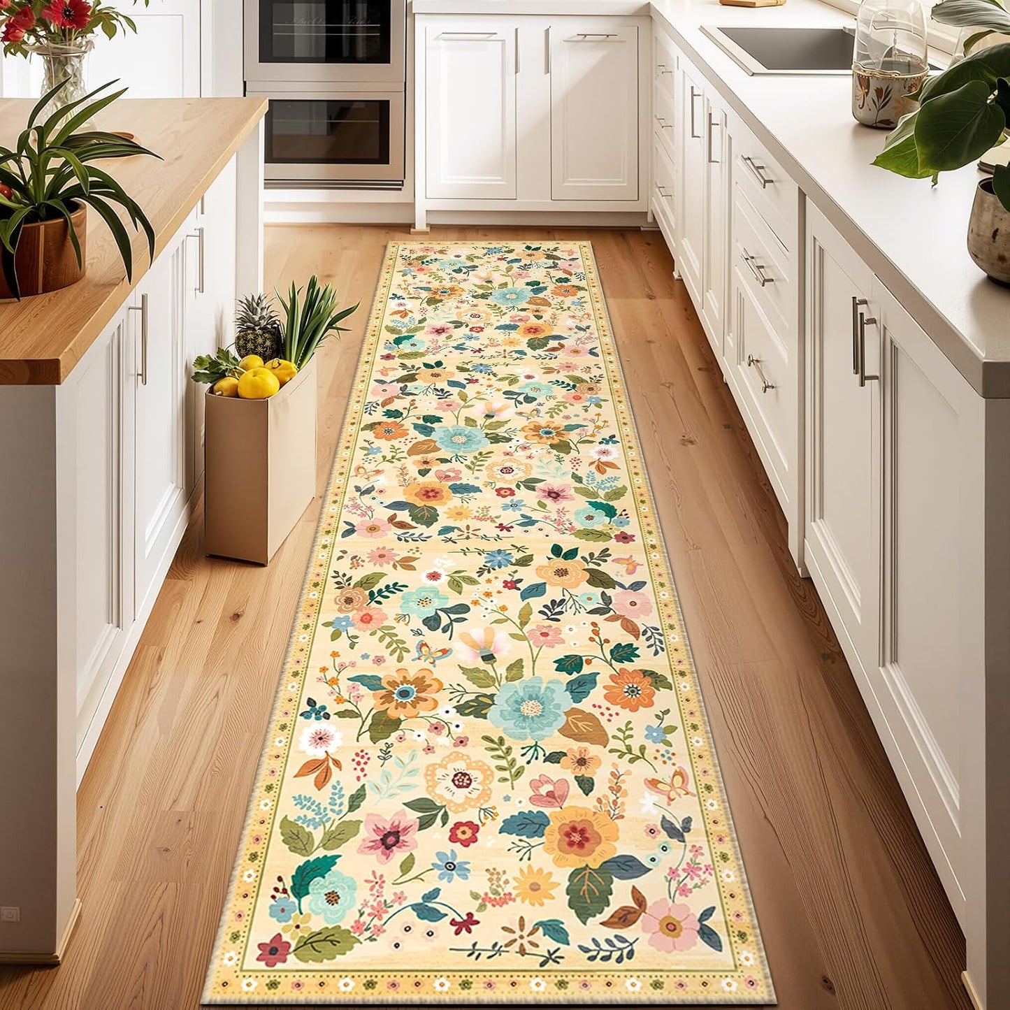 Floral 2x6 Area Rug Machine Washable Soft Print Boho Carpet Non Slip Doormat Low Pile Flower Area Rugs for Living Room Bedroom Nursery Kitchen Dining Room Indoor-Ivory/Yellow