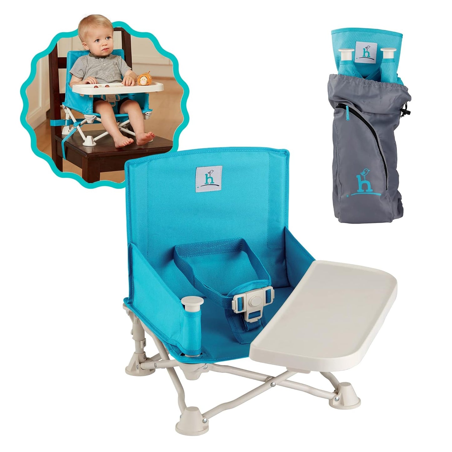 Hiccapop OmniBoost Travel Booster Seat with Tray for Baby | Folding Portable Seat for Dining Table, Camping, Beach, Grandma’s | Tip-Free Design Straps to Kitchen Chairs