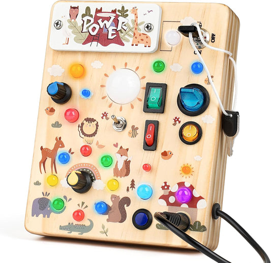 Joyreal Wooden Busy Board with LED Light, Montessori Toddler Toys, Wooden Sensory Board, Toddlers Activity Travel Toys for Boy & Girl Birthday Gift (Forest Theme)