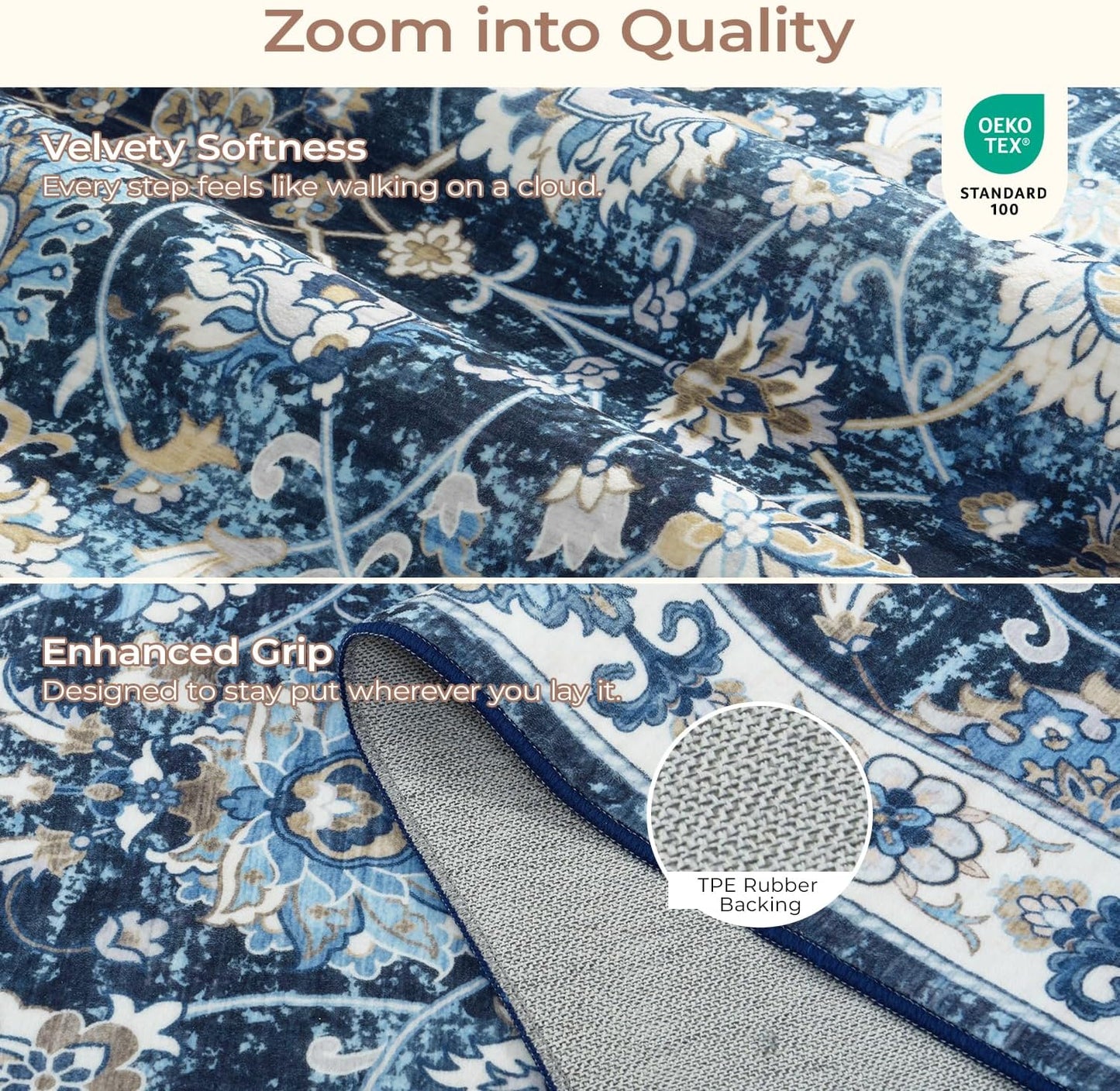 Blue 9x12 Area Rugs for Living Room, Washable Large Rug, Vintage Floral Soft Carpet, Non Slip & Low Pile, Wool Carpets for Indoor Bedroom Dining Home Playroom Office Under Table, Blue Garden
