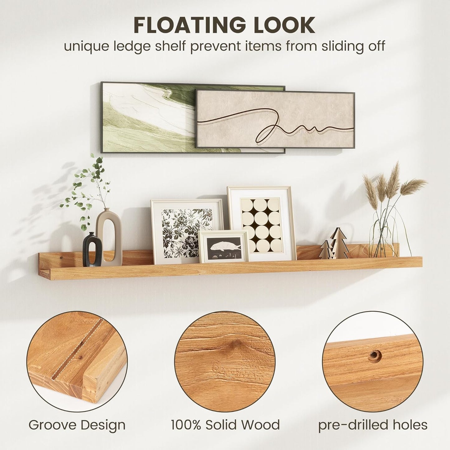 Fun Memories Picture Ledge Shelf, 36 Inch Floating Shelves for Wall, Nursery Bookshelf for Storage, Rustic Elm Wood Photo Ledge Shelves for Bedroom, Living Room, Kitchen (Natural, 36in Set of 2)