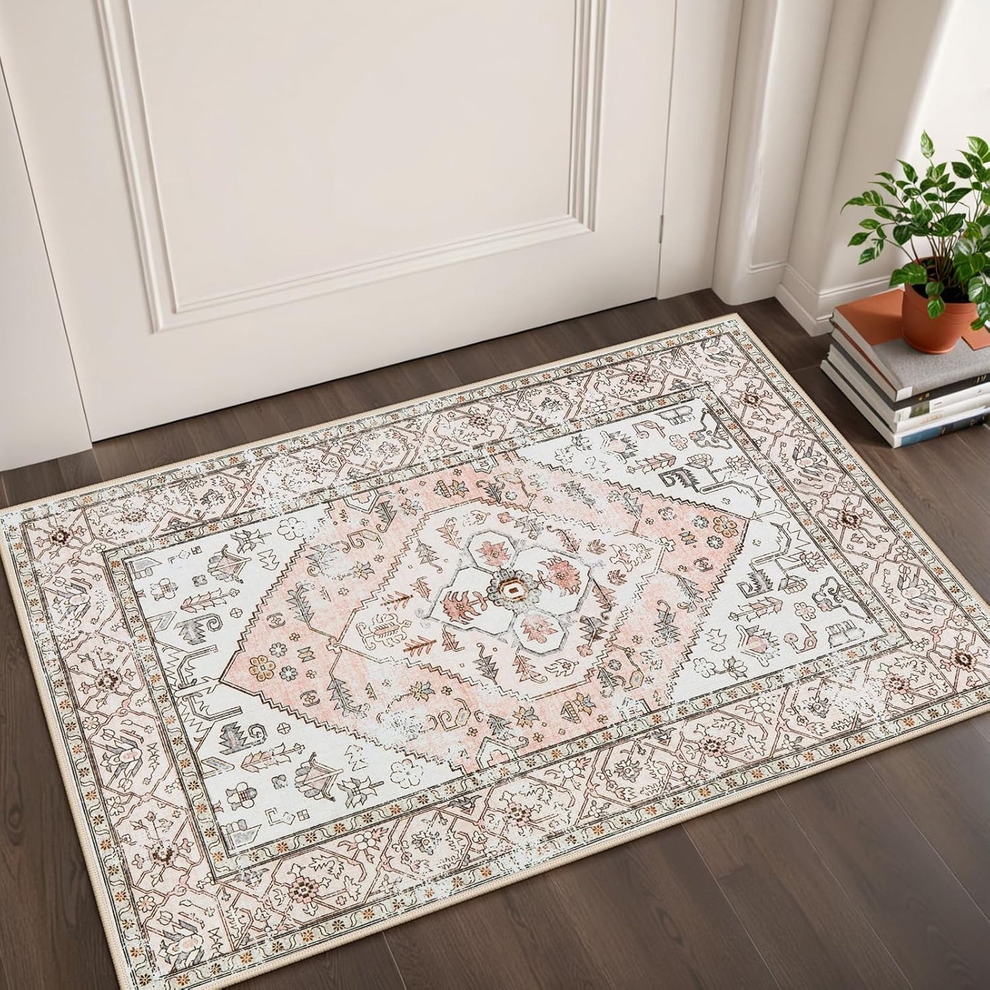 Lahome Boho Entryway Rugs Indoor - 2x3 Washable Area Rug Throw Small Rugs for Bedroom Girls Non-Slip Lightweight Bathroom, Vintage Print Floor Doormat Carpet for Kitchen Laundry Room (Pink, 2'x3')