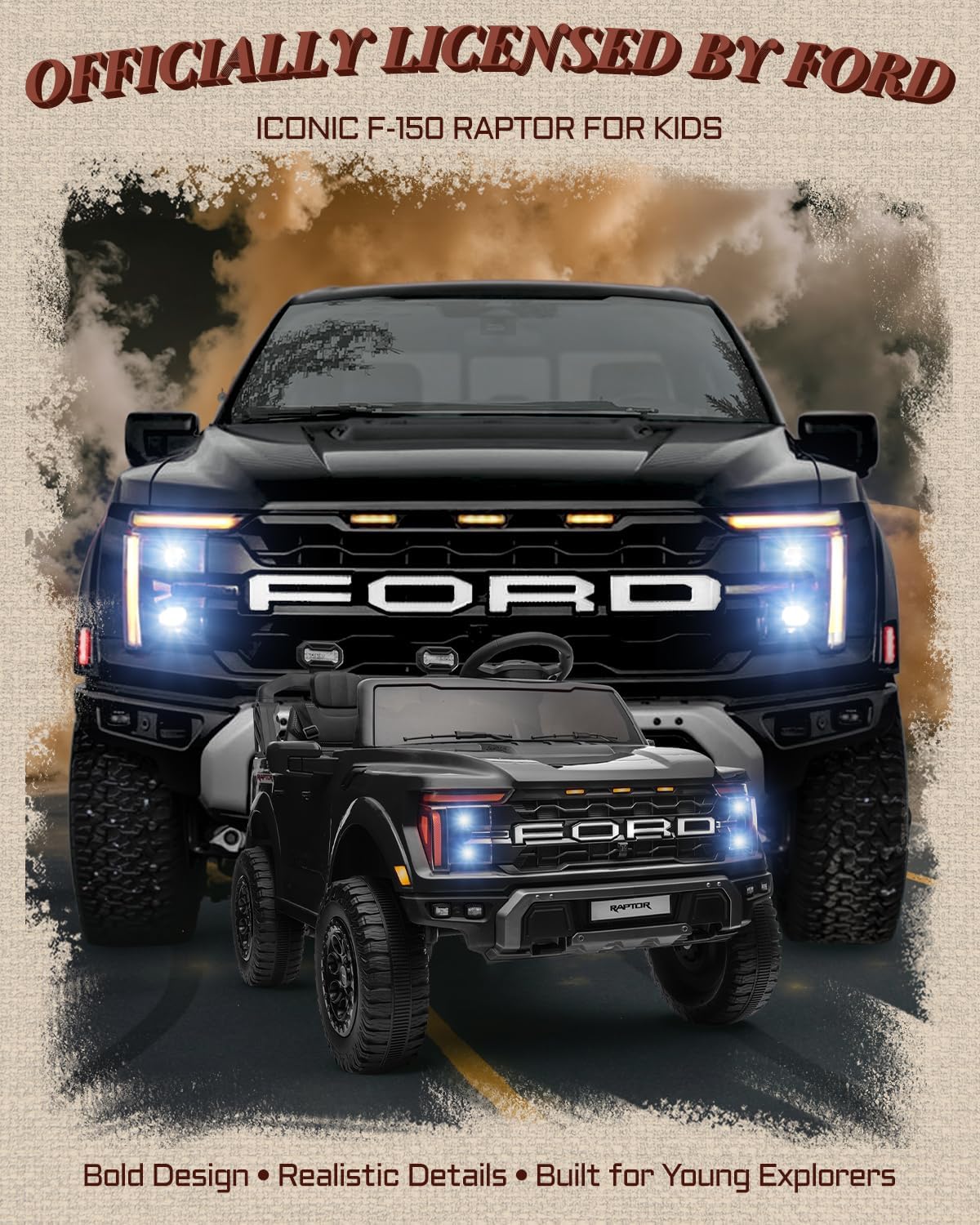 24V Ride on Toys for Big Kids, Licensed Ford F-150 Raptor 2 Seater Kids Ride on Car w/Remote Control, Toddler Electric Car w/LED Lights, Bluetooth, Truck Bed Storage, Soft Start (Black)