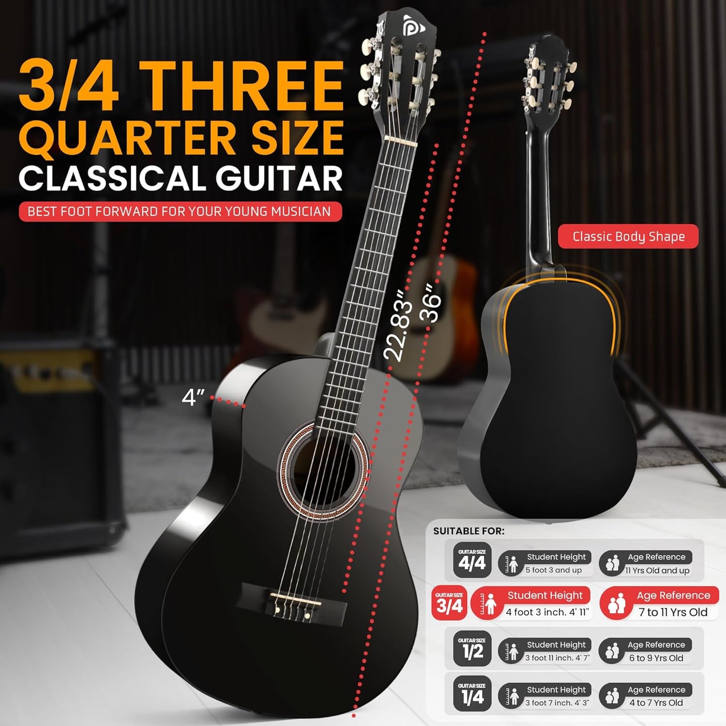 Pyle Beginner Acoustic Guitar Kit, 36" 3/4 Junior Size All Wood Build, Nylon Strings, Capo, Gig Bag, Strap, Extra String Set, Guitars for Adults and Youth, Black Gloss