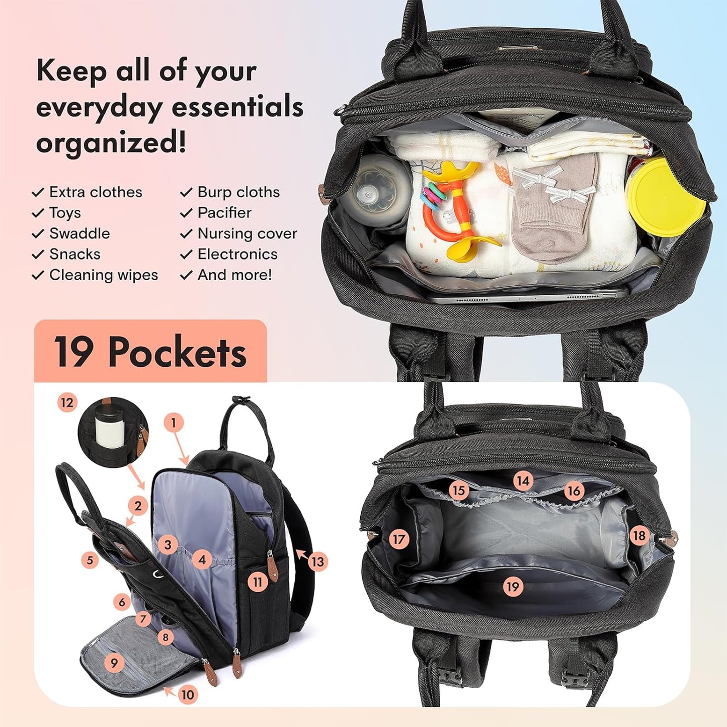Dikaslon Diaper Bag Backpack with Portable Changing Pad, Pacifier Case and Stroller Straps, Large Unisex Baby Bags for Boys Girls, Multipurpose Travel Back Pack Moms Dads, Black