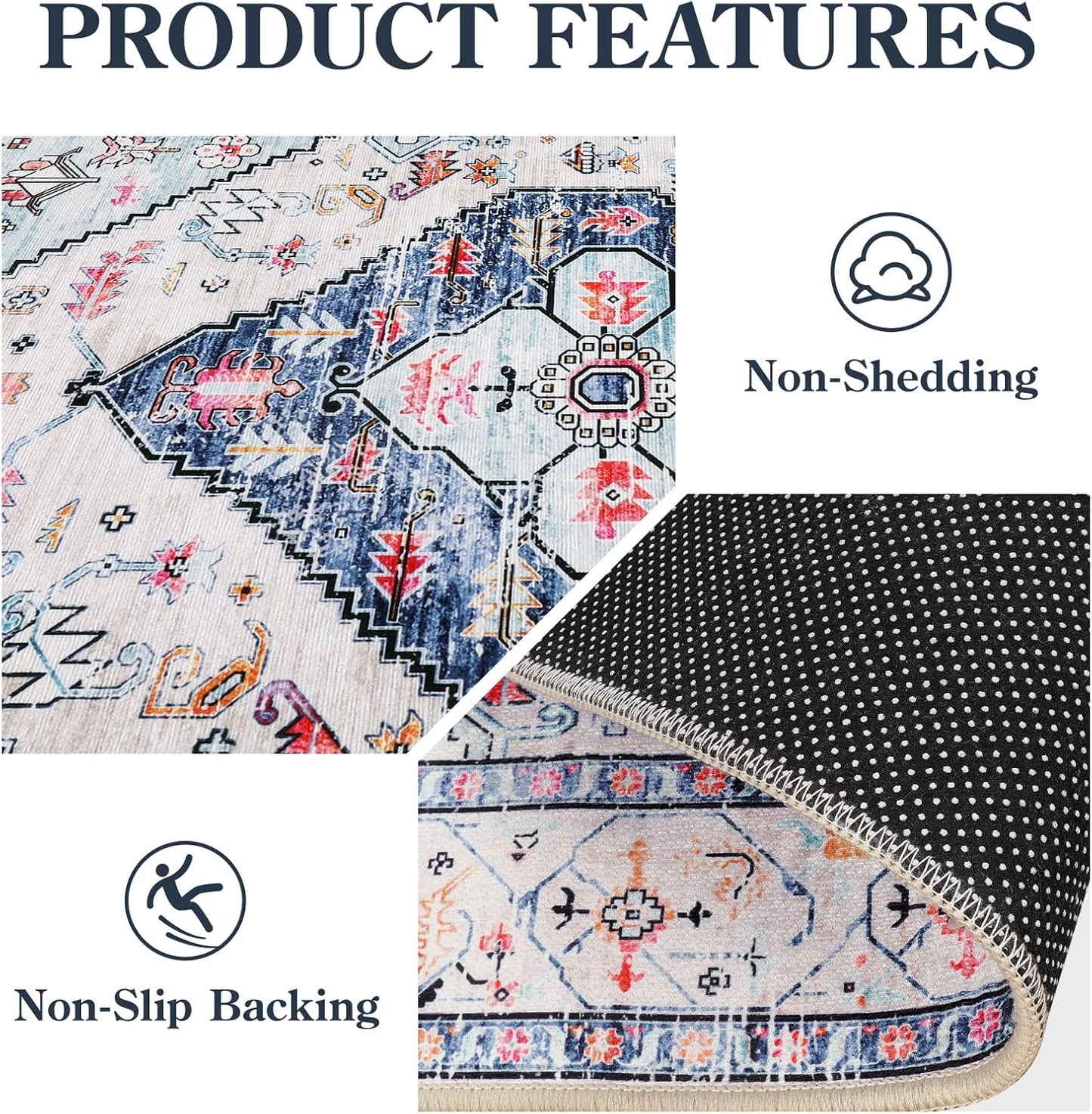 Lahome Boho Round Rug - 9Ft Washable Area Rug, Non-Slip Small Bathroom Rug, Lightweight Bedroom Throw, Oriental Distressed Print Carpet for Entryway, Sofa, Nursery, Kids Room
