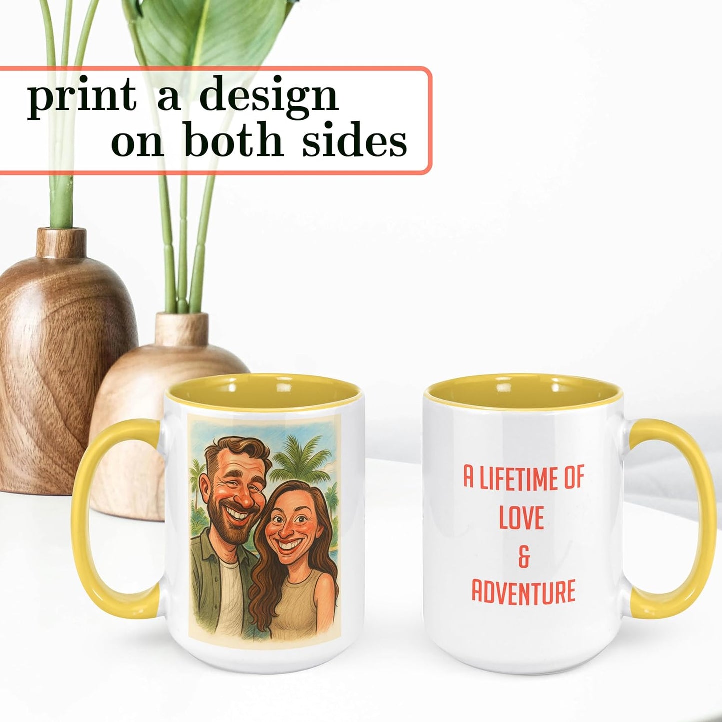Personalized Coffee Mug, Custom Photo Caricature Gift, Funny Customized Coffee Gift for Men & Women, Custom Mugs with Pictures, Yellow 15oz Customized Ceramic Tea Cup