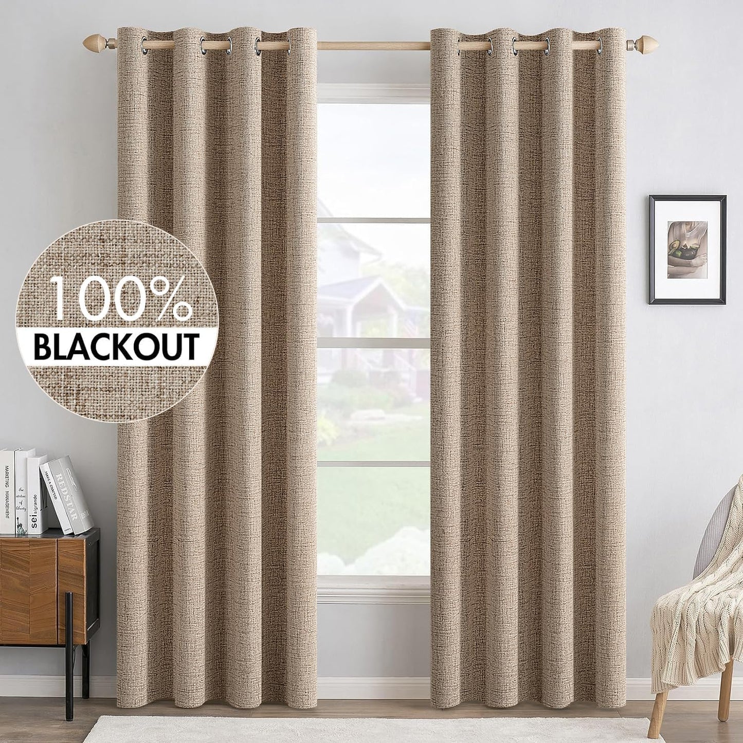 MIULEE 100% Blackout Linen Textured Curtains for Bedroom Solid Thermal Insulated Copper Brown Grommet Room Darkening Curtains & Drapes Luxury Decor for Living Room Nursery 52 x 108 Inch (2 Panels)