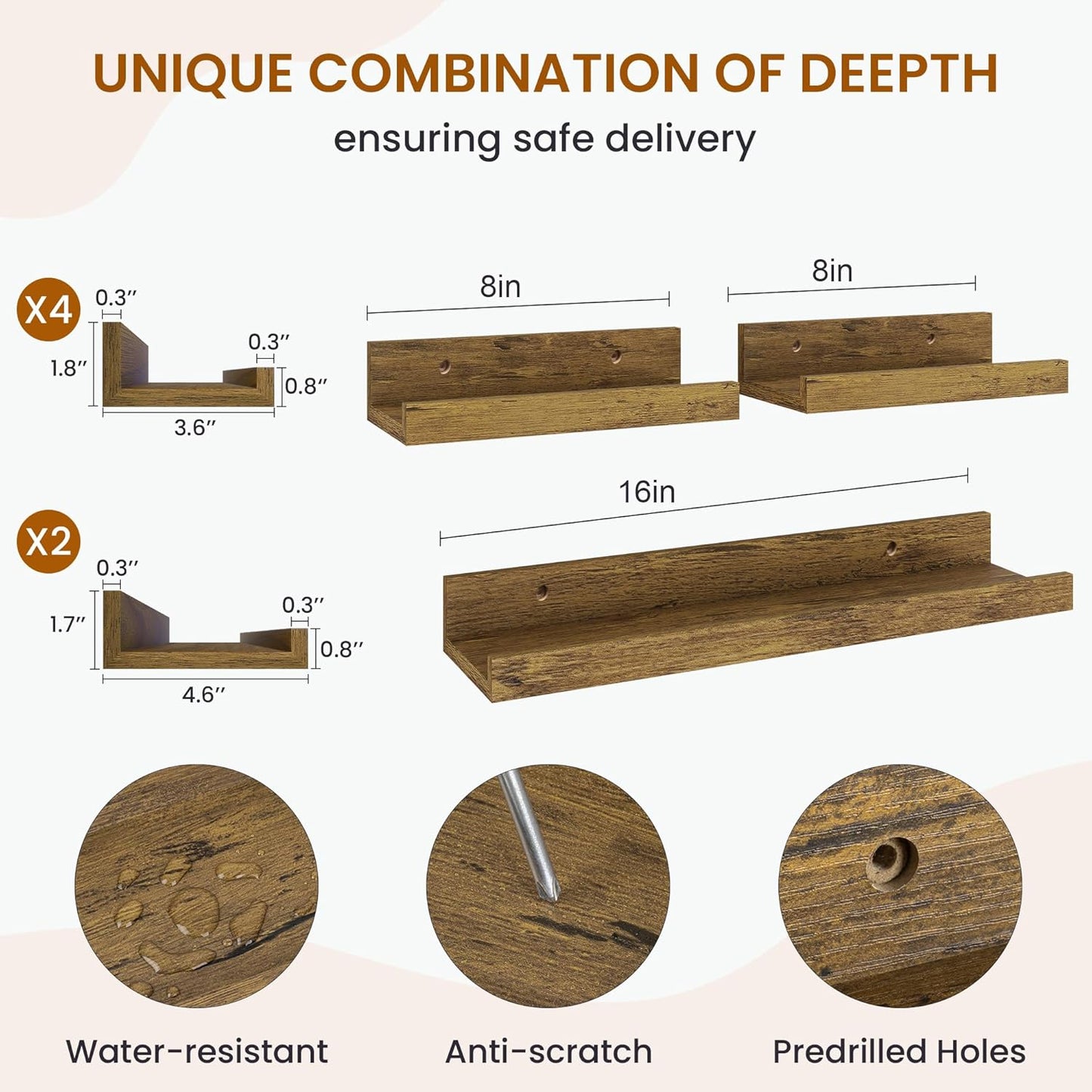 Axeman Picture Ledge Shelf, Floating Shelves for Wall Storage Set of 6, 16 inch Floating Wall Mounted Shelves, Wall Shelves with Lip for Living Room, Bedroom, Nursery, Bathroom, Kitchen, Rustic Brown