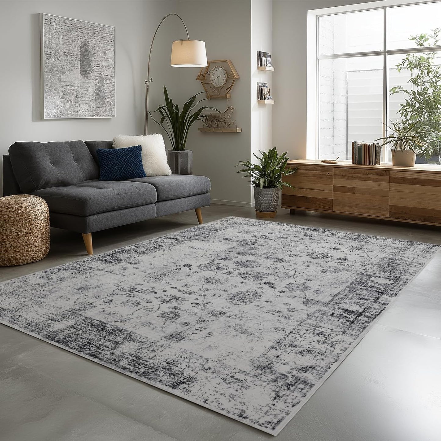 Washable Rugs 5x7 Area Rugs for Living Room, Thin Carpet for Bedroom, Soft Faux Wool Retro Dining Room Rug，Non Slip&Non-Shedding Resistant Low Pile Vintage Print Rug for Home Office (White/Grey)
