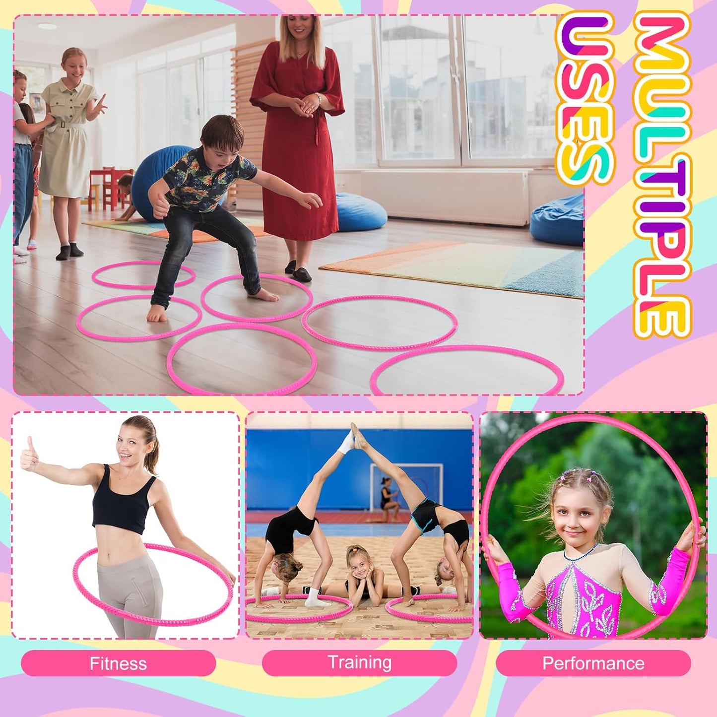 Shappy 6 Pcs Exercise Hoop Detachable Adjustable Plastic Toy Playground Toys Colored Hoop Circles for Teens Games Gymnastics Dog Agility Equipment Party Decor
