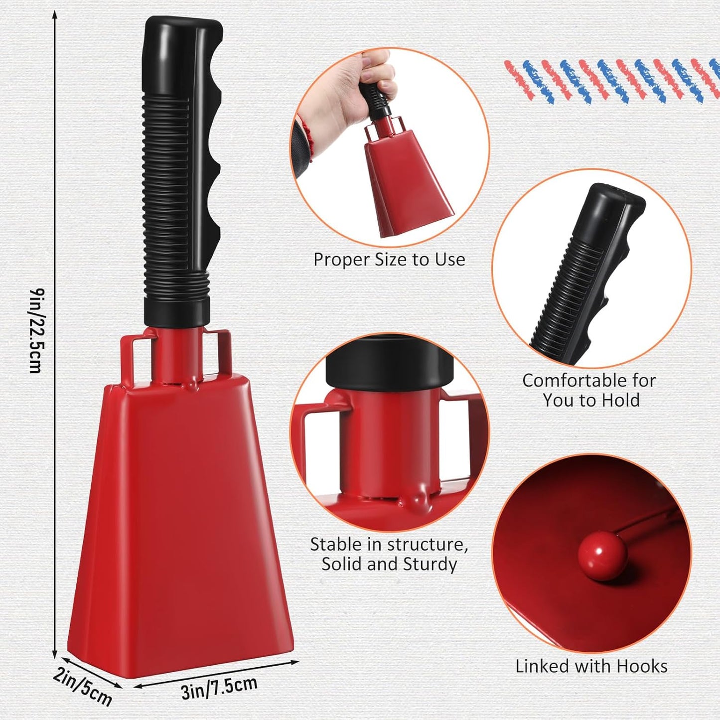 24 Pcs Cow Bell Cheering Bell Cow Bells Noise Makers for Sporting Events Football Cowbell with Handle Loud Musical Instrument for Sports School Classroom Alarm(red,9 '')
