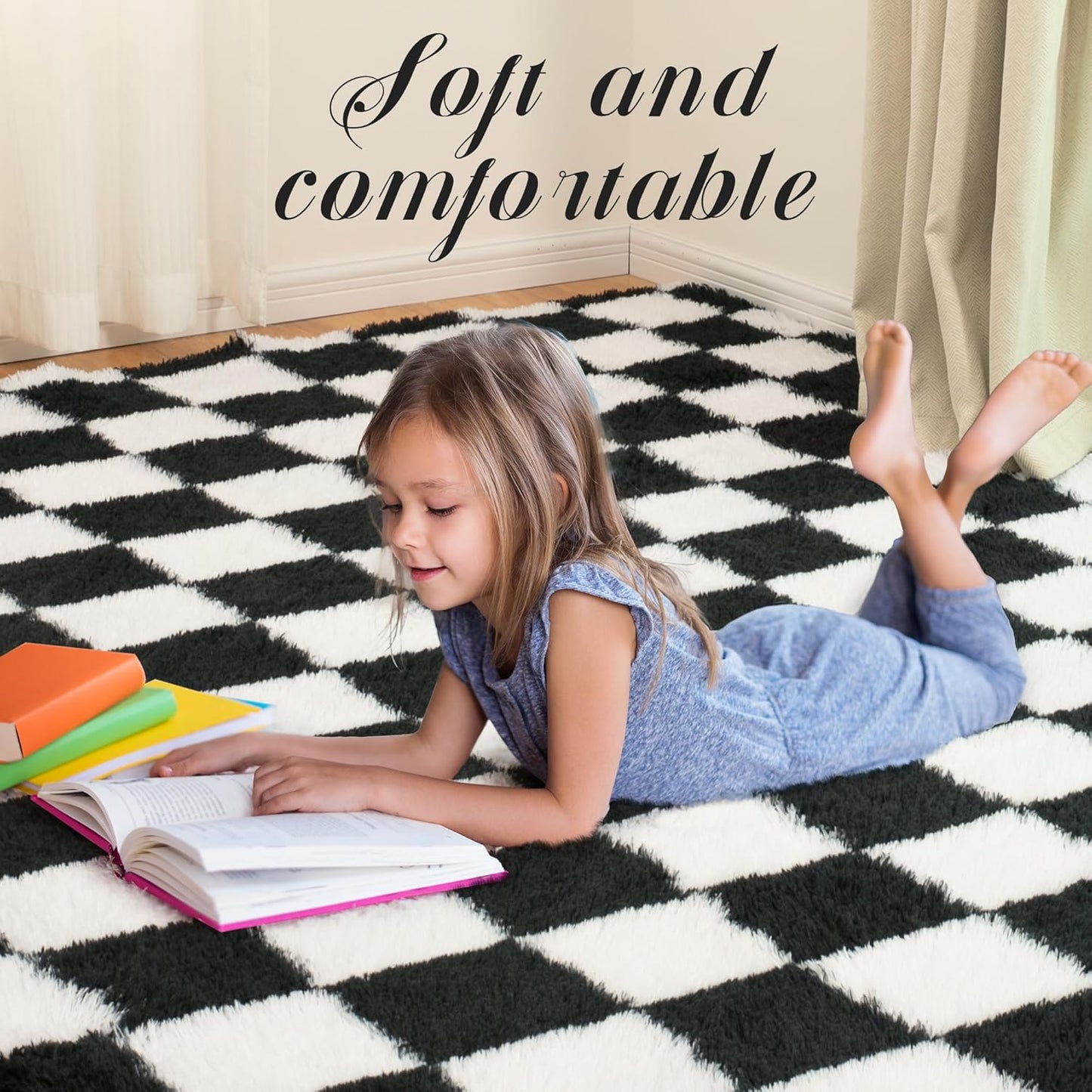 Super Soft Rug for Bedroom, 5x8 Ft Black and White Area Rug Classic Checkered Shaggy Anti-Skid High Pile Soft Fluffy Rug Fuzzy Carpet for Living Room Bedroom Kids Room Nursery, Dorm Home Decor