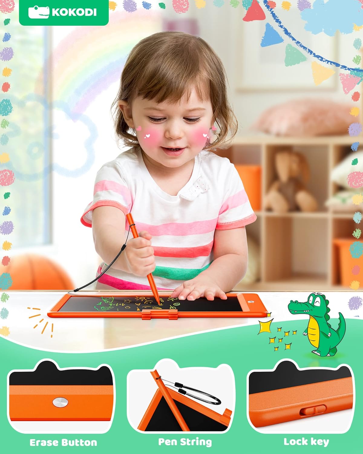 KOKODI LCD Writing Tablet, 10 Inch Colorful Toddler Doodle Board Drawing Tablet, Erasable Reusable Electronic Drawing Pads, Educational and Learning Toy for 3-6 Years Old Boy and Girls