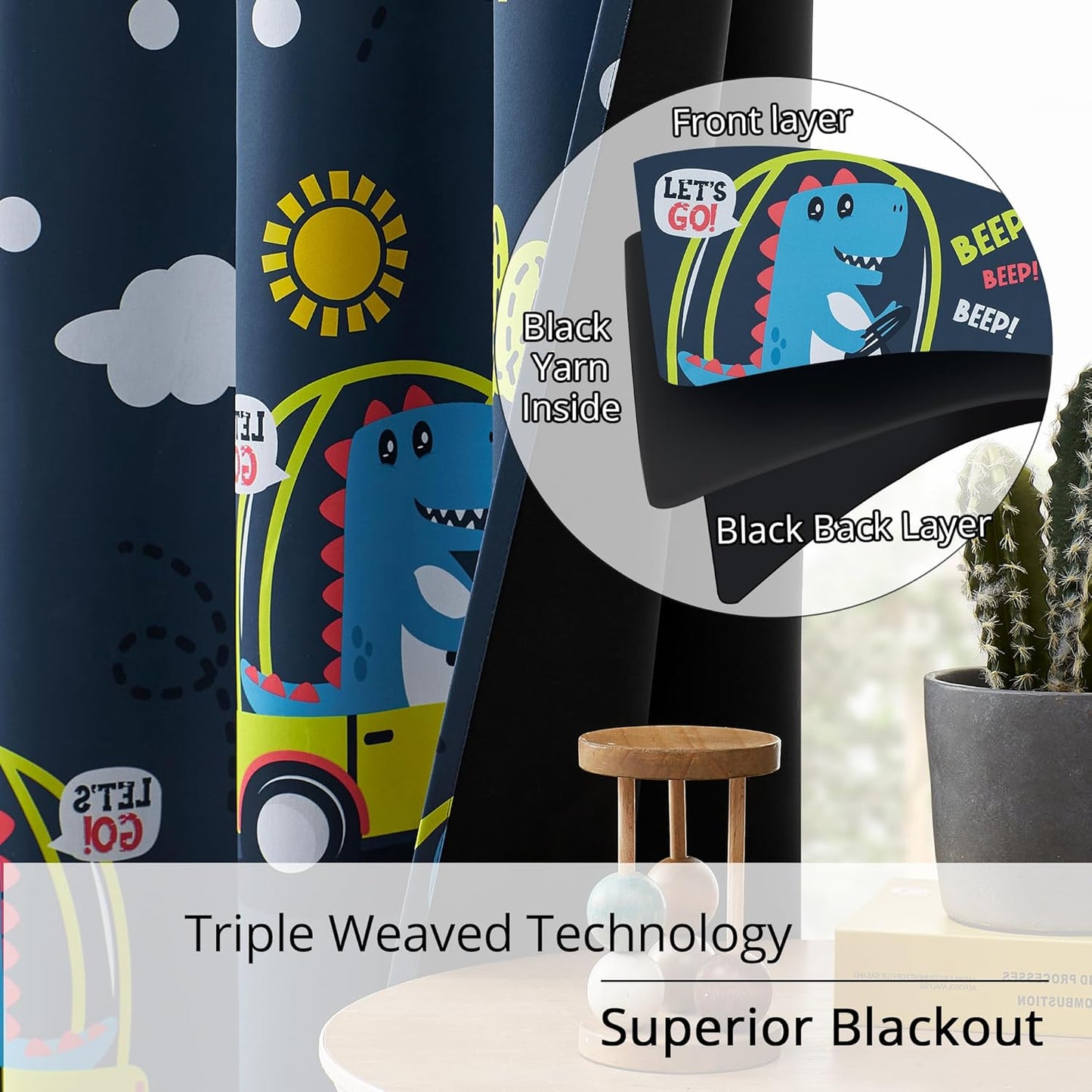 Kids Dinosaur Blackout Curtains - 2 Panels, Each W52*L63 with 100% Blackout, Thermal Insulated, and Noise Reducing, Perfect for Kids Room, Bedroom, Nursery