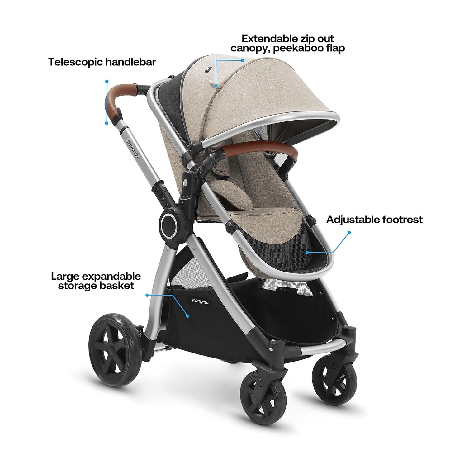 Mompush Ultimate 2 Baby Stroller for Infant and Toddler with Newborn Mode and Reversible Seat, All-Terrain Stroller with All-Wheel Suspension, Includes Car Seat Adapter and Large Storage Basket