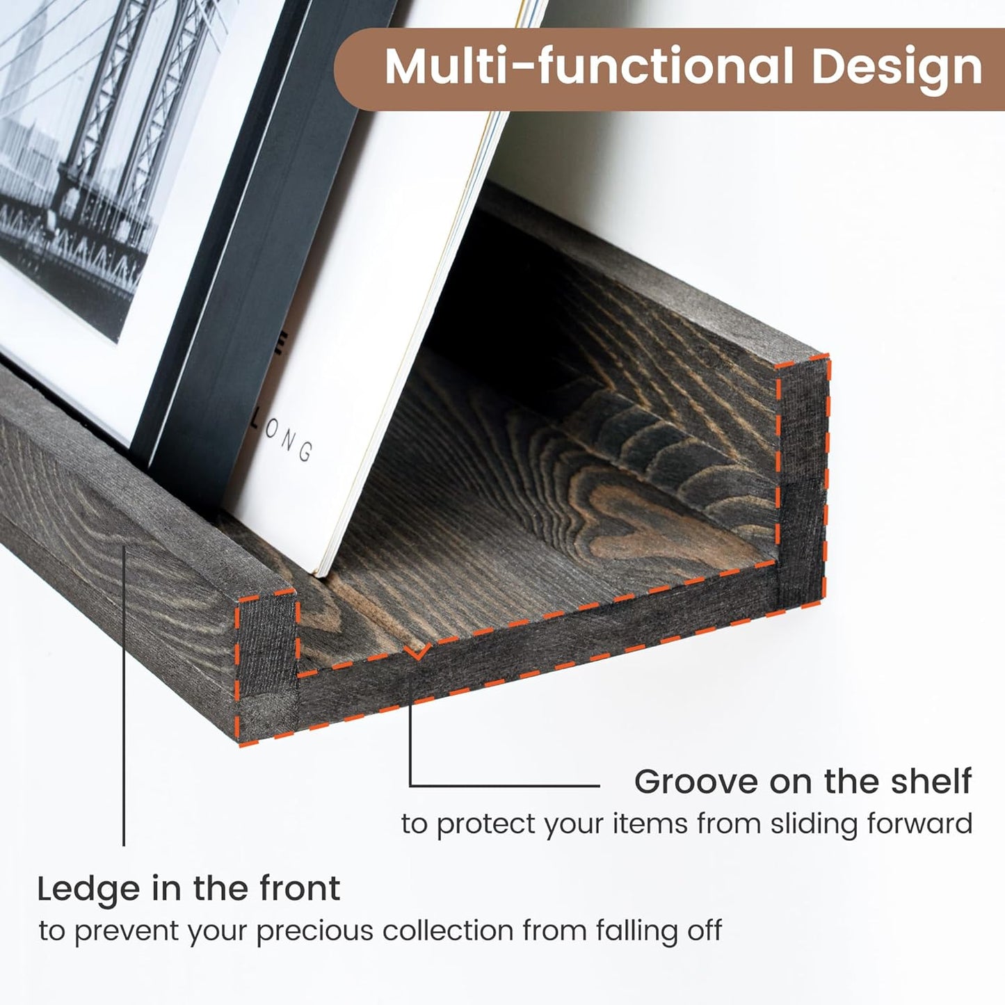 Picture Ledge Wall Shelves - 24 Inch Width Set of 3, Solid Pine Wood Rustic Floating Ledge Shelves for Kids' Room, Bedroom, Kitchen, Bathroom, Living Room, Nursery Display Wall Decor, Grey