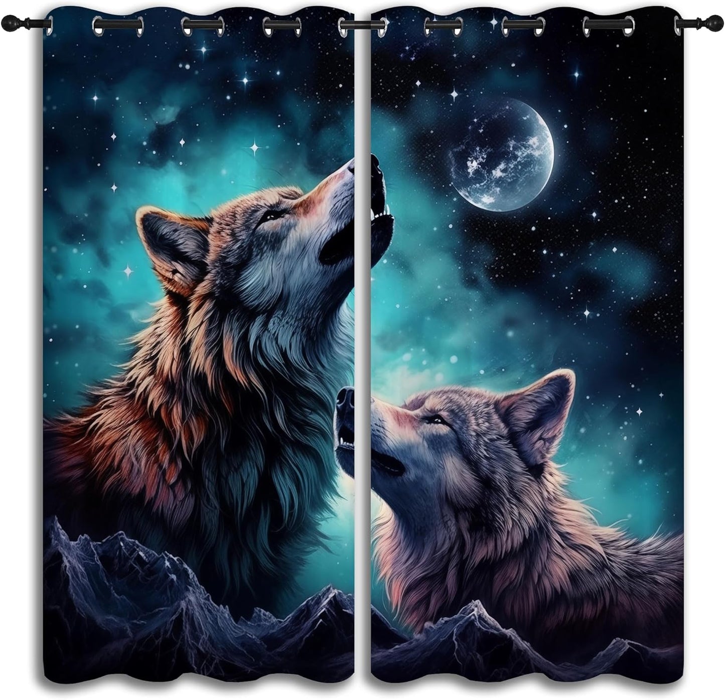 Wolf Blackout Curtains for Boys Girl Bedroom Decor,Starry Sky Howling Wolf Under The Full Moon Thermal Insulated Grommet Drapes Darkening Window Curtain for Living Room Home 84x84 inch