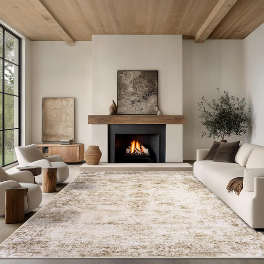 8x10 Area Rug Living Room Rugs - Washable Rug Large Modern Abstract Soft Thin Carpets Indoor Floor No Slip Vintage Carpet for Bedroom Under Dining Table Nursery Home Office Decor Beige