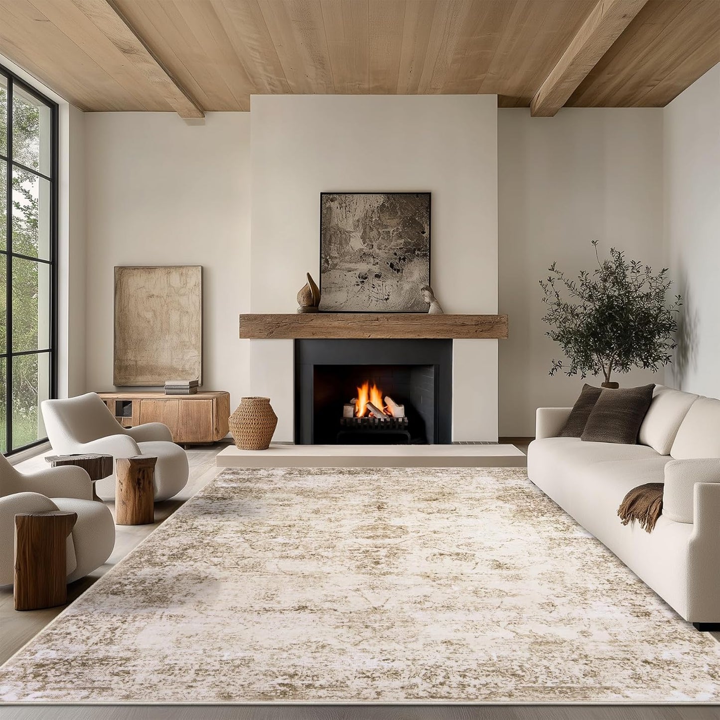 9x12 Area Rug Living Room Rugs - Washable Rug Large Modern Abstract Soft Thin Carpets Indoor Floor No Slip Vintage Carpet for Bedroom Under Dining Table Nursery Home Office Decor Beige