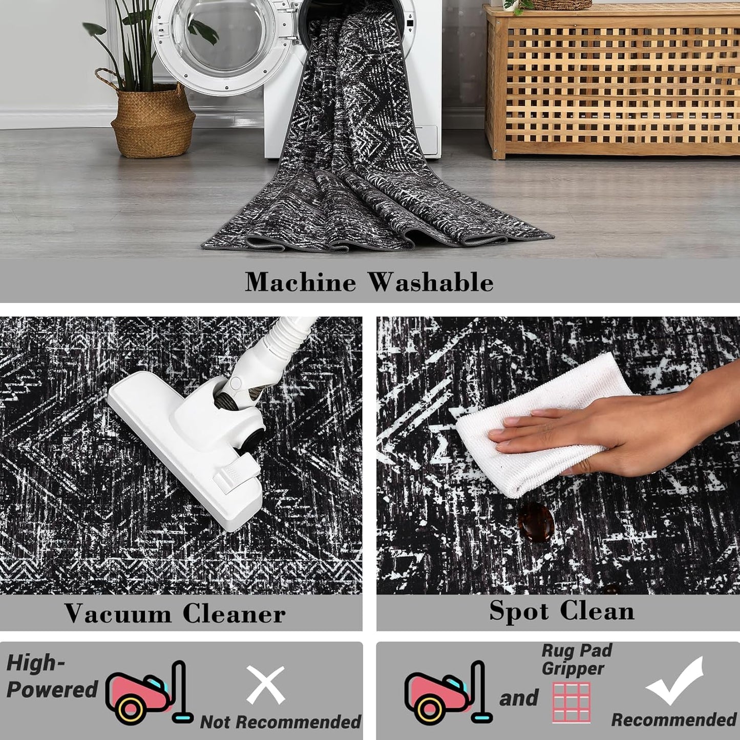 COZYLOOM Black Rug for Living Room 10x13 Machine Washable Area Rugs Modern Abstract Door Mats Non Slip Stain Resistant Geometric Accent Rug for Bedroom, Dining Room, Nursery