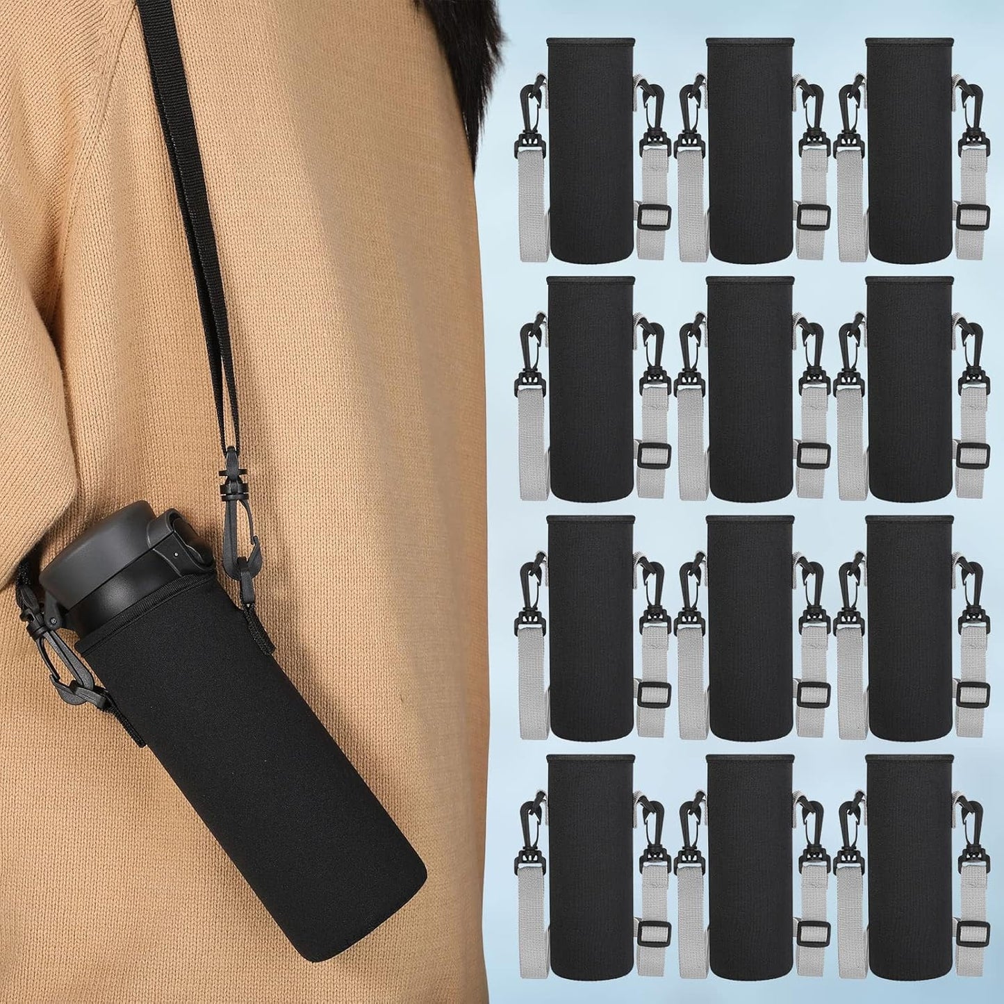 Rtteri 6 Pcs Neoprene Water Bottle Carrier Bag with Adjustable Shoulder Strap 32oz Insulator Water Bottle Cover Holder Cooler Sleeve for Stainless Steel/glass/plastic (Black)