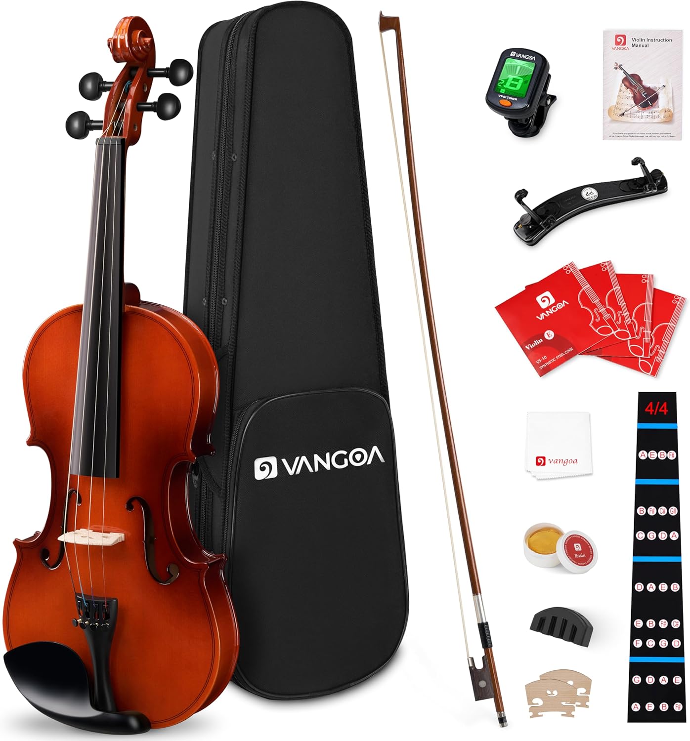 Vangoa Violin 4/4 Full Size Fiddle Set, Handcrafted Spruce Acoustic Violins Bundle Kit for Beginners Adults Kids 11+, Starter Violin Outfit with Hard Case, Strings, Bow, Tuner, Mute, Notes Sticker
