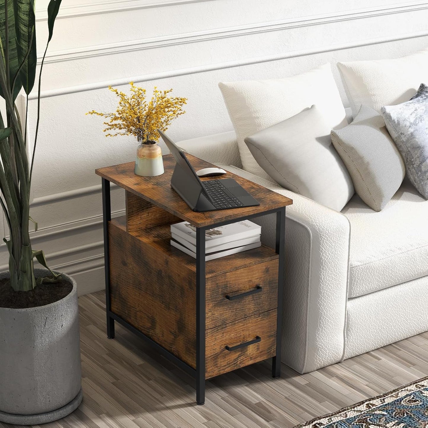 Side Tables with Charging Station, Narrow End Table with 2 Wooden Drawers, USB Ports and Power Outlets, Narrow Nightstand and Bedside Table, Side Tables Living Room, Bedroom, Brown