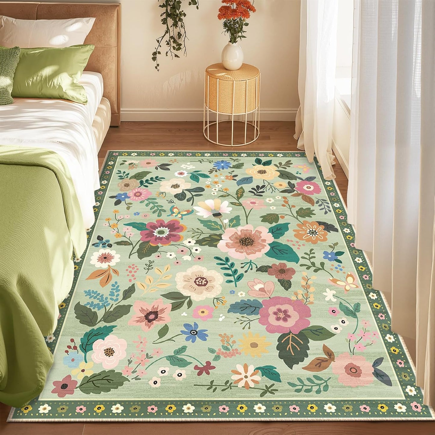 Floral 4x6 Area Rug Machine Washable Soft Print Boho Carpet Non Slip Doormat Low Pile Flower Area Rugs for Living Room Bedroom Nursery Kitchen Dining Room Indoor-Light Green