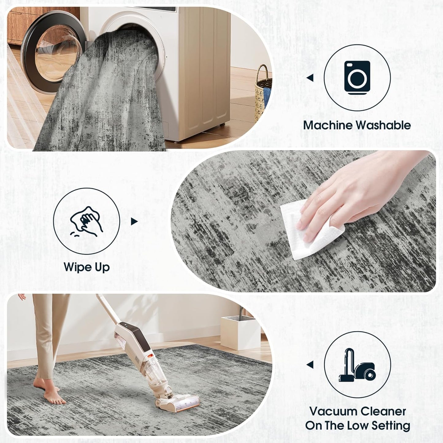 Area Rug 9x12 Washable Rugs: Abstract Large Living Room Rugs with Non-Slip Backing, Stain Resistant Indoor Floor Carpet for Bedroom Dining Room Table Nursery Hallway Home Office-Black/Gray