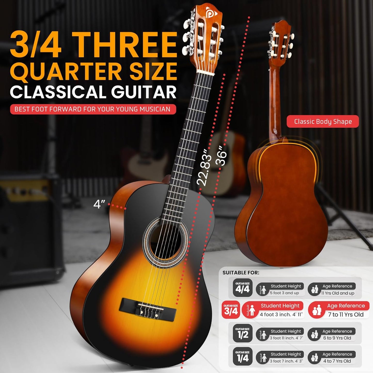 Pyle Beginner Acoustic Guitar Kit, 3/4 Junior Size All Wood Build Nylon String Instrument with Capo, Strap, Extra String Set, Gig Bag, Guitars for Beginners Adults Youth, 36" Sunburst Teardrop Gloss