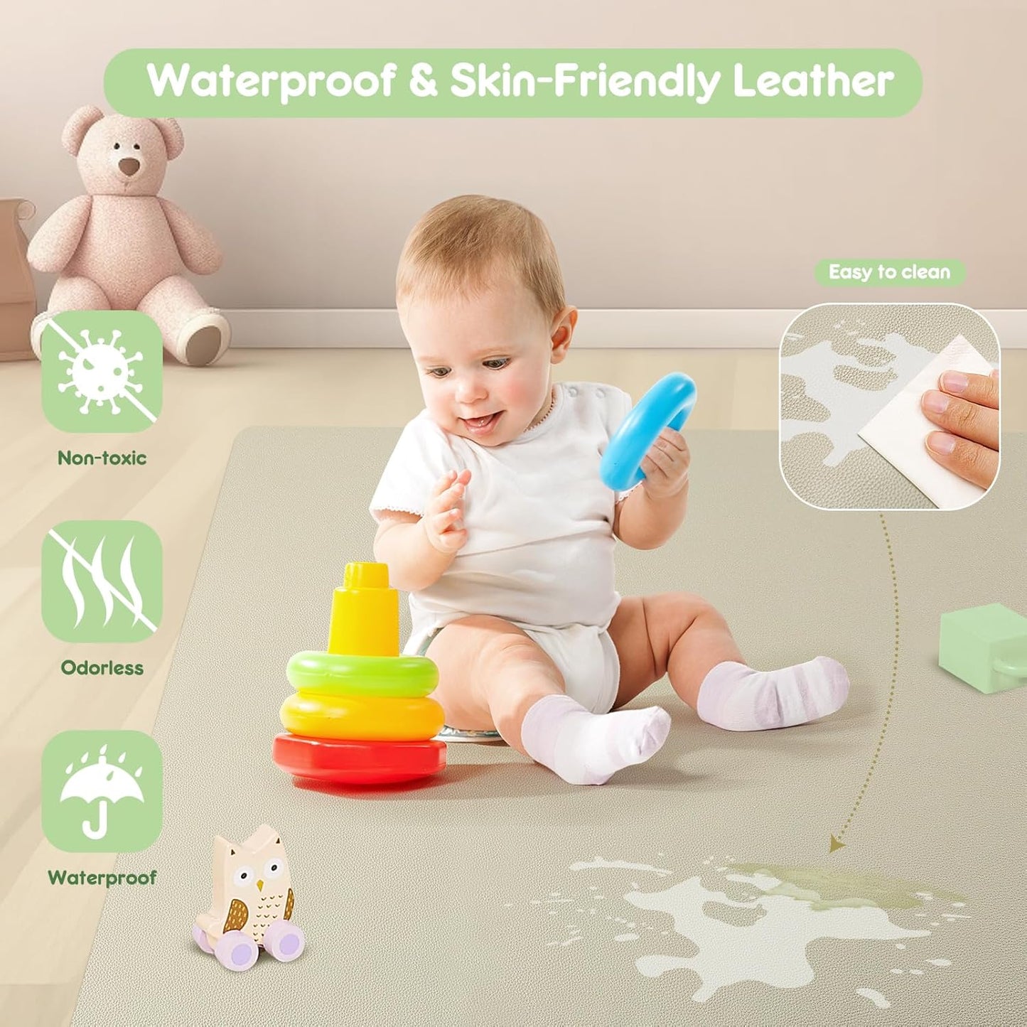 Padded Baby Play Mat, Super Soft Vegan Leather Baby Mat for Floor, 48x48 Thick Foam Cushioned Play Mat for Babies 6-12 Months, Fits Nicely Into 50x50 Playpen Mat, Grayish Green