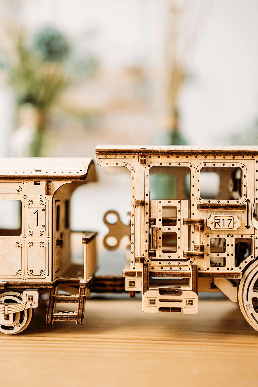 Wood Trick Wooden Toy Train Set with Railway - 34x7″ - Locomotive Train Toy Mechanical Model Kit - 3D Wooden Puzzles for Adults and Kids to Build - Engineering DIY Models for Adults to Build