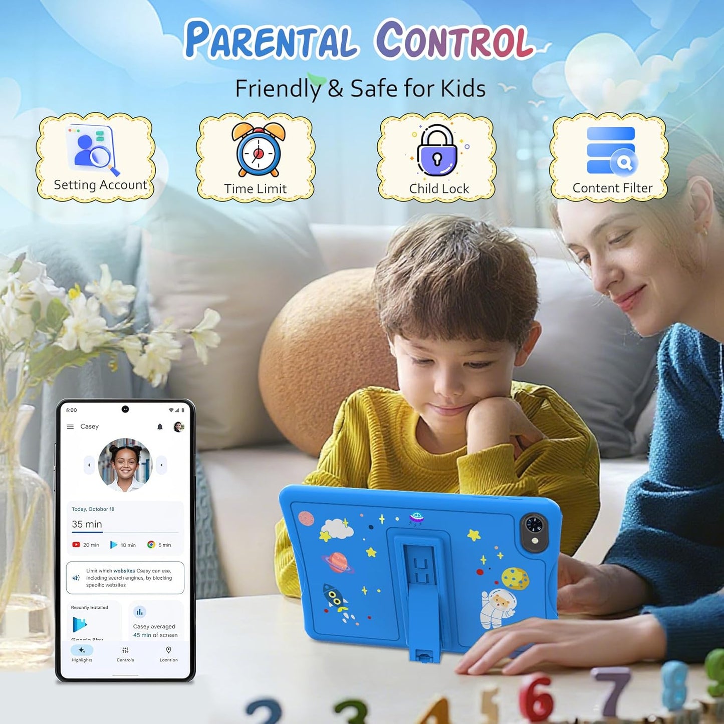 Kids Tablet 10 inch, Android 15 Tablets for Kid, Parental Control, Pre-Installed Kiddos Software & Kids Space, Includes Case & Stylus Pen, 12GB RAM 64GB ROM, 2TB Expand, HD IPS Screen(Blue)