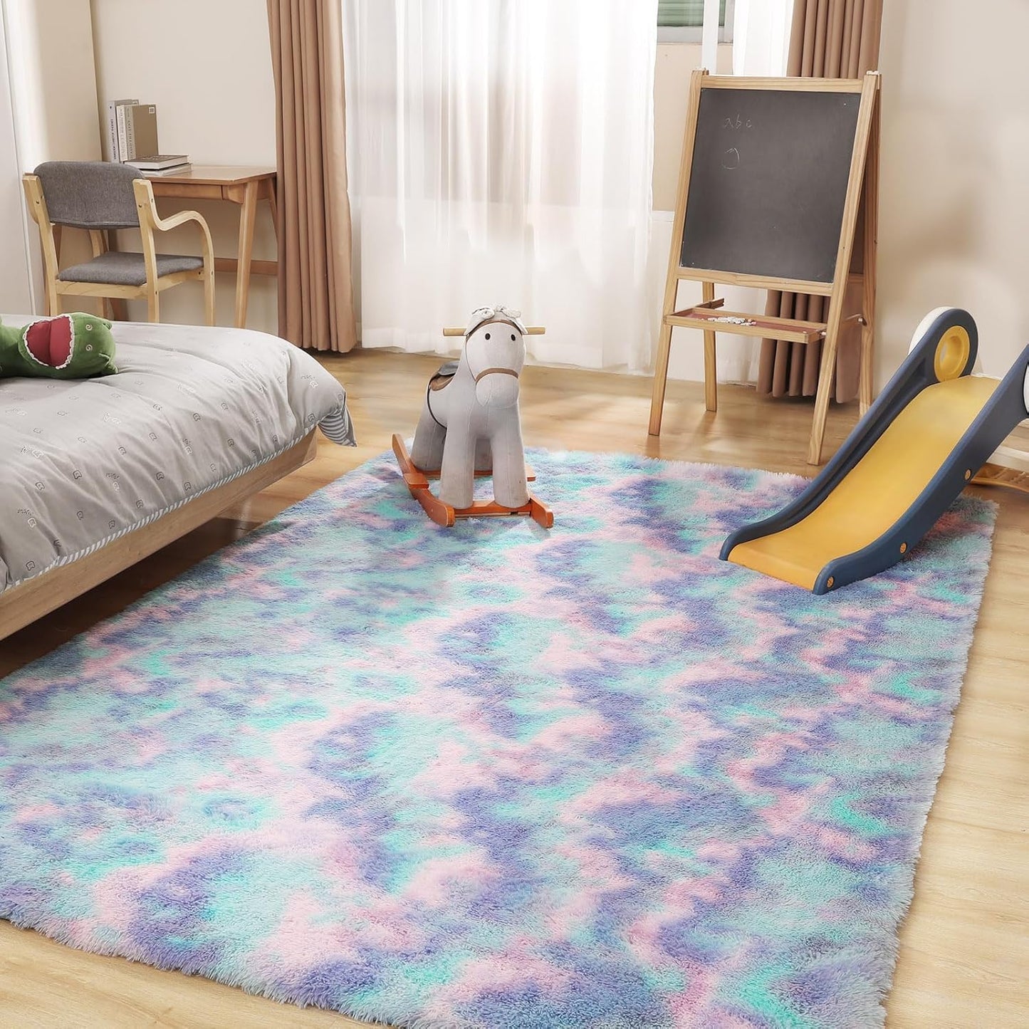 Rainbow Rug for Girls Room, 6x9 Fluffy Area Rugs for Bedroom, Colorful Kids Rug Cute Anti-Skid Indoor Carpet for Nursery, Living Room, Playroom, Home Decor