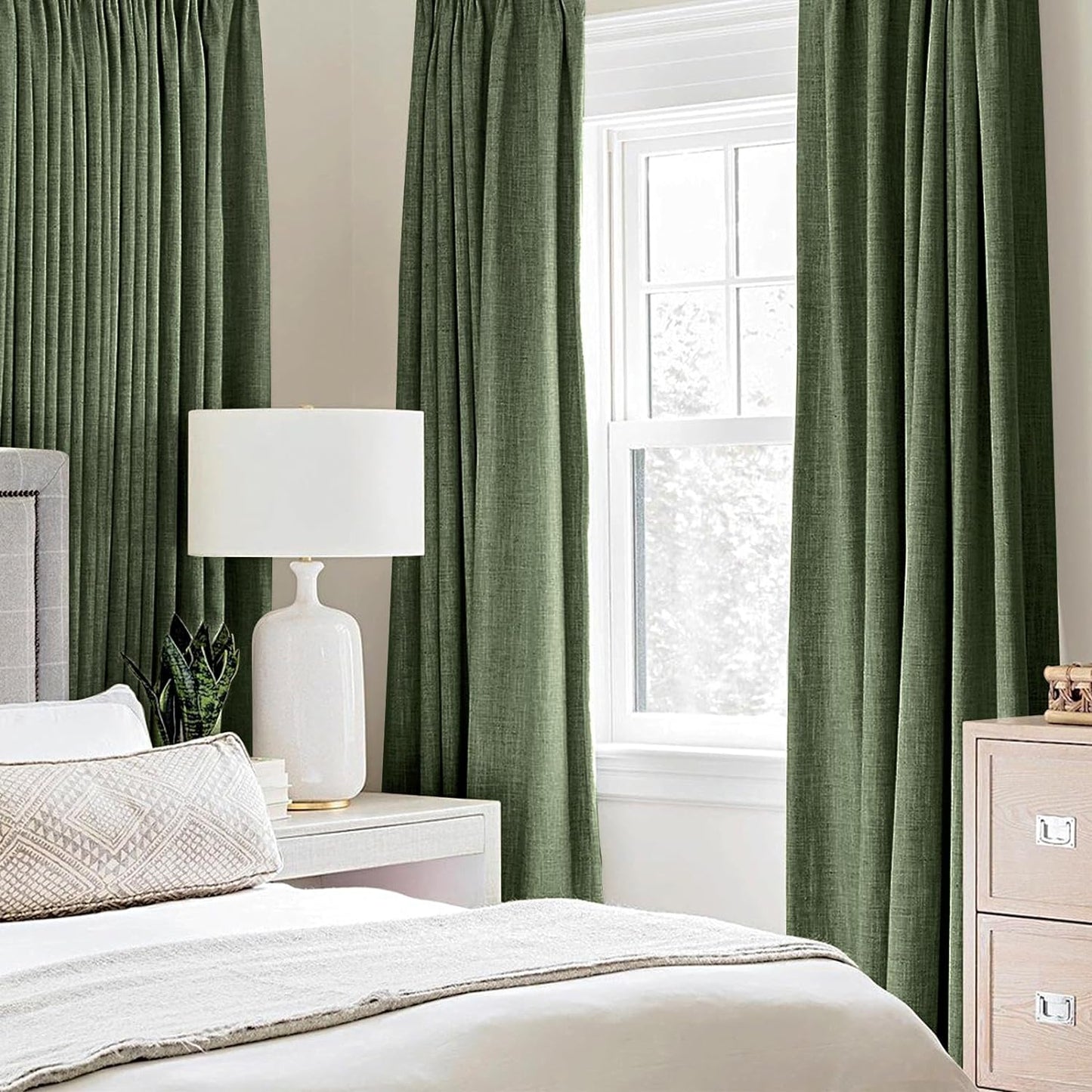 MIULEE 100% Blackout Linen Textured Curtains for Bedroom Solid Thermal Insulated Olive Green Grommet Room Darkening Curtains & Drapes Luxury Decor for Living Room Nursery 52 x 45 Inch (2 Panels)