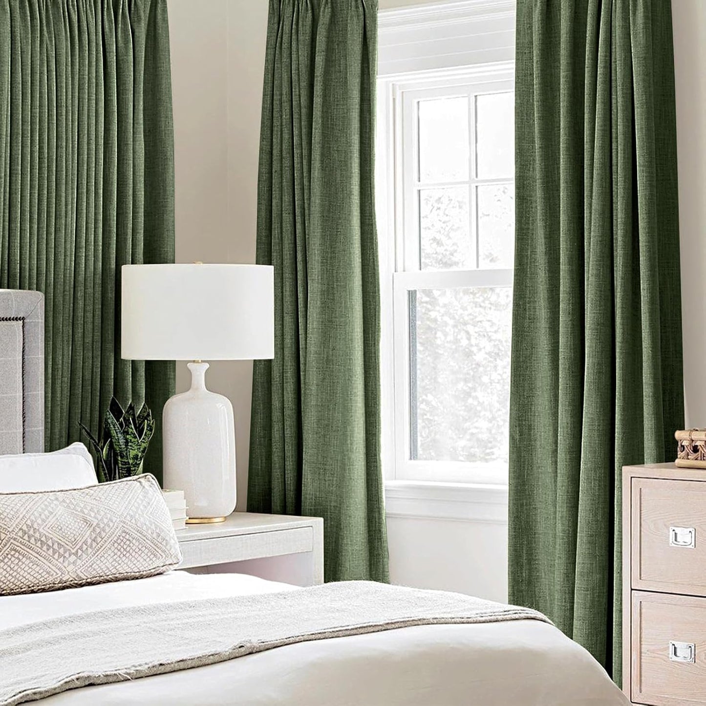 MIULEE 100% Blackout Linen Textured Curtains for Bedroom Solid Thermal Insulated Olive Green Grommet Room Darkening Curtains & Drapes Luxury Decor for Living Room Nursery 52 x 63 Inch (2 Panels)