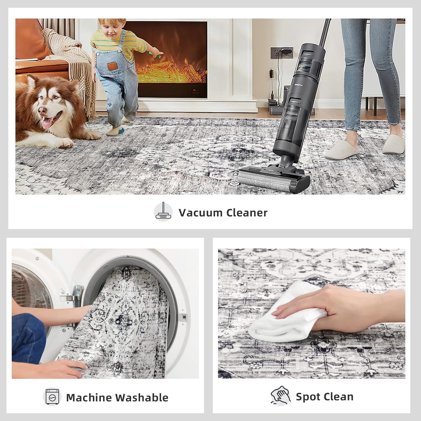 Boho Kitchen Runner Rug 3x8 Washable Runner Rug with Non-Shedding, Vintage Rugs Runners for Hallways Carpet Runner Grey/Navy