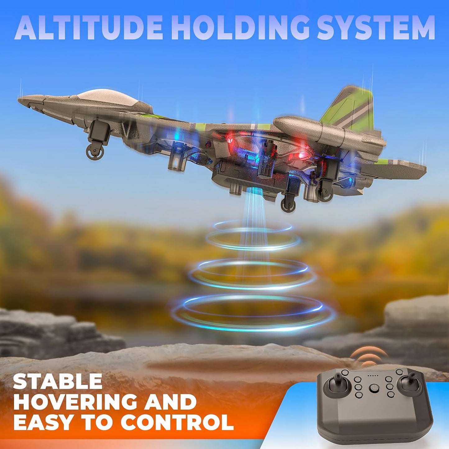 BEZGAR Drones for Kids | 2.4GHZ RC Plane, Remote Control Airplane, RC Helicopter, 360° Flip Fighter Jet Toy, Toys for Ages 8+ with Colorful LED Navigation Lights Green