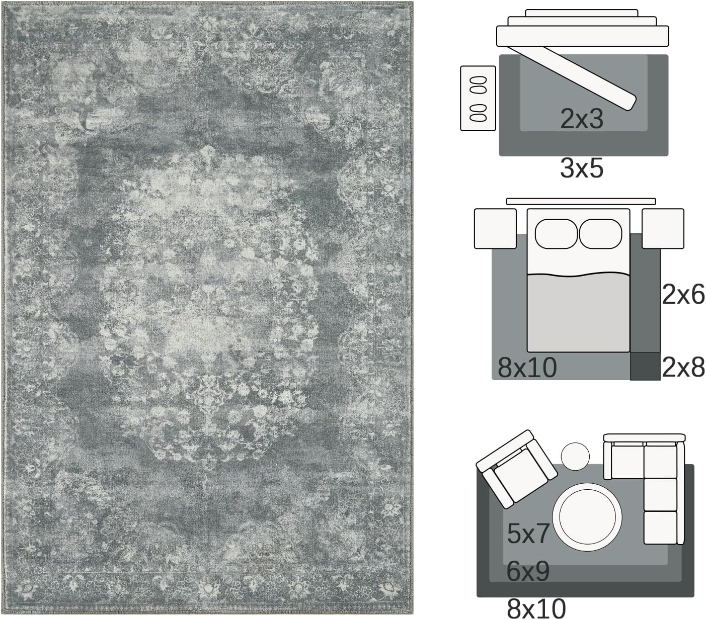 jinchan Washable Area Rug 6x9 for Living Room - Soft Faux Wool Ultra-Thin Stain Resistant Non-Slip Distressed Vintage Floral Rug Large Carpet for Bedroom,Dining Room,Home Office,Nursery(Grey, 6'x9')